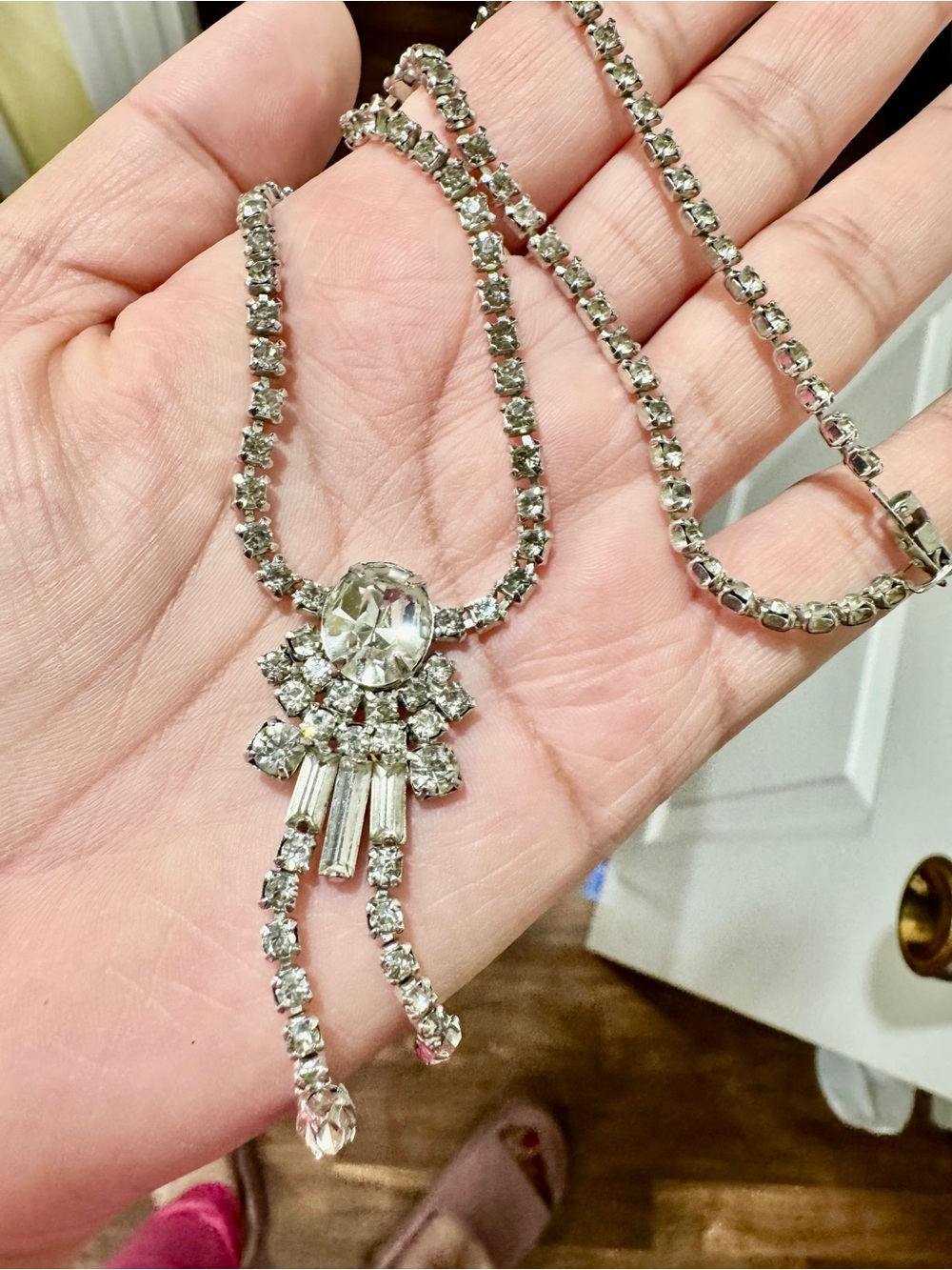 CORO Vintage Rhinestone Necklace, 1950s Silver Tone Art Deco Style
